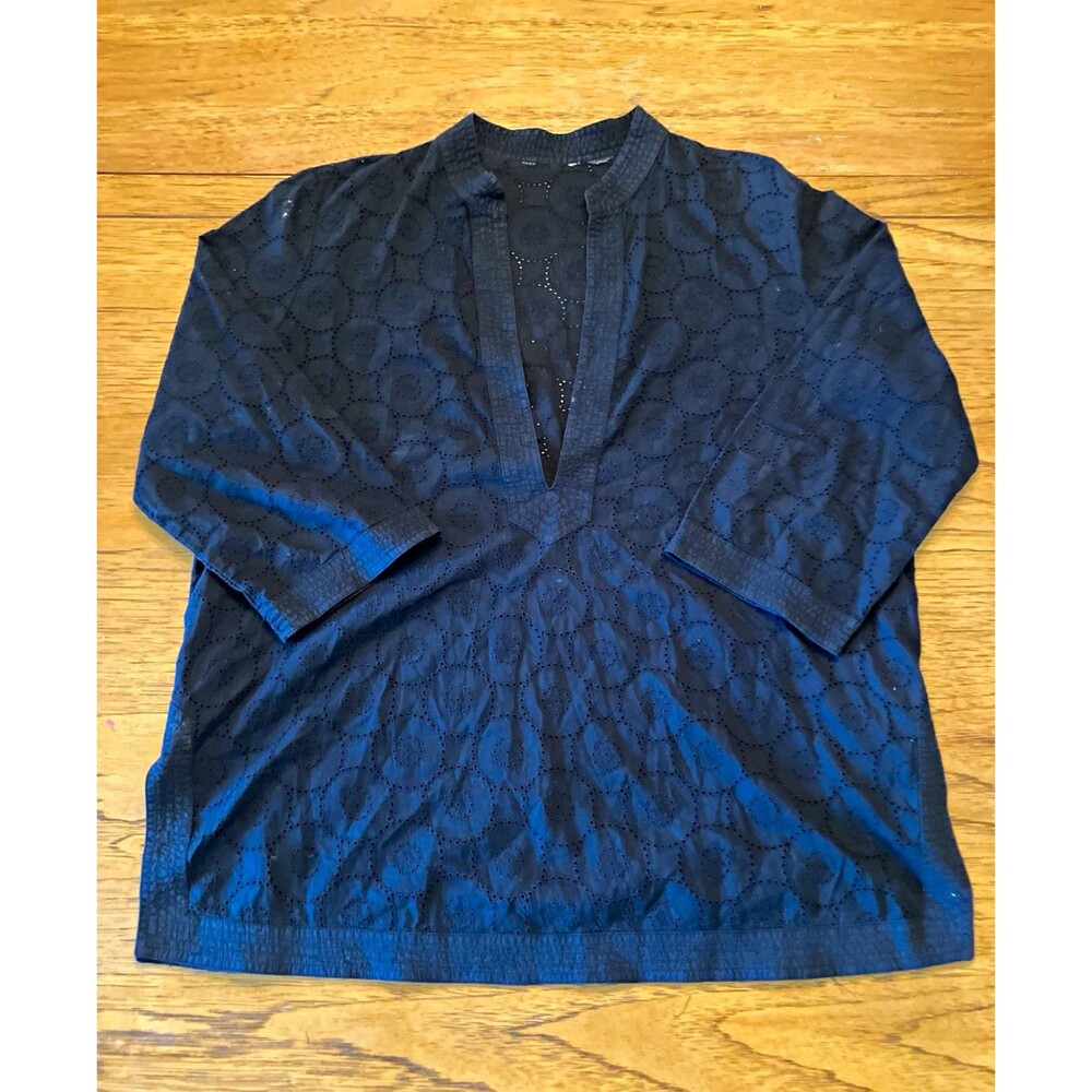 Women's Black Geometric Woven V-Neck 3/4 Sleeve Pullover Tunic Blouse L